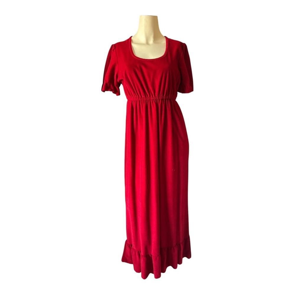 Vintage 70's Velour Velvet Puff Sleeve Dress Ruffle Hem Women’s Red Scoop Neck